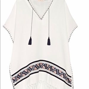Tory Burch White Embroidered Fringed Poncho w/Hood